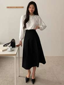 DAZY 纯色纽扣前插肩袖衬衫、长袖上衣、秋装 - 白色 - 查看 6