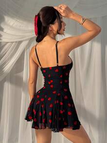 SHEIN EZwear Đầm ngắn hai dây lưới hình trái tim màu đỏ dành cho nữ nhân dịp Lễ Tình nhân - màu đen - Xem 2
