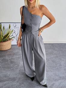 SHEIN EZwear 女士时尚斜肩编织背心裤套装（2件套），灰色 - 灰色 - 查看 6