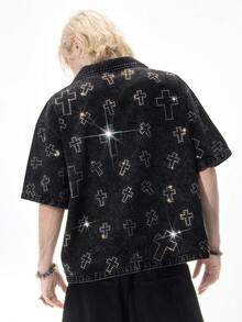 ROMWE MEN Street Life 男士水钻十字贴花落肩单排扣休闲牛仔衬衫 - 黑色 - 查看 10