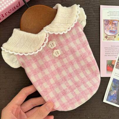 PETSIN 1 Piece Ultra Soft Thermal Lined Warm Layered Pet Vest With Ruffled Neckline Pink Plaid Pattern Cute Stylish Easy To Wear Breathable Suitable For Small Dogs And Cats Yorkshire Terrier Maltese Daily Walks Indoor Companionship Holiday Photo Shoots Autumn Winter Cold Weather Pet Apparel Pet Outfits