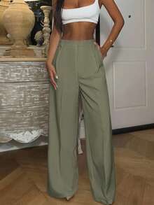 Ronhire Solid Color Elegant Modern Straight High-Waisted Suit Pants, Business Casual For Women, Valentine's Day & New Year - Mint Blue - View 5