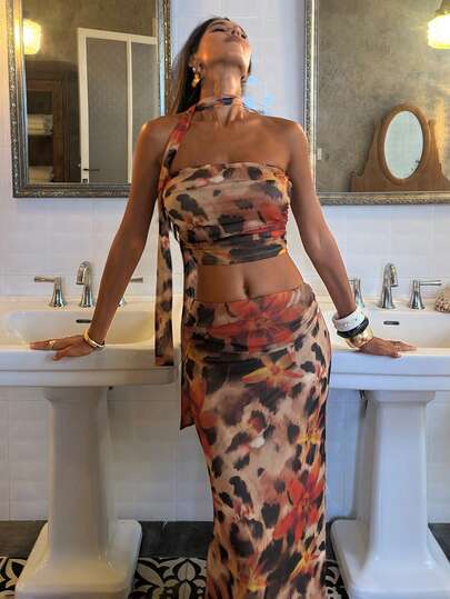 Opulessa 2pcs Women's Knit Mesh Printed Fitted Tube Top & Mini Skirt Set, Cheetah Print Two Piece, Concert, Party, Club Outfits, Date, Night Out,Vacation ,Beach Outfits,Garden Wedding Guest Dress, Elegant Dress For Women, Sexy Elegant Party,Graduation,Prom, Going Out Outfit, Spring To Summer, Valentine's Day, Carnival Costume, Elegant Dresses For Party, Beach Outfit, Wedding Guest Dresses, Summer Vacation Outfits