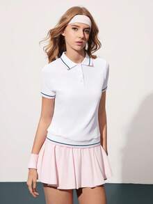 Gameset SHEIN Sport Camisa polo feminina de manga curta com estampa listrada em blocos de cores - Branco - Ver 5
