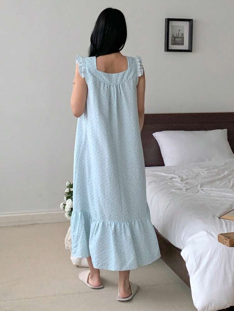 Ditsy Floral Ruffle Hem Midi Nightgown For Women