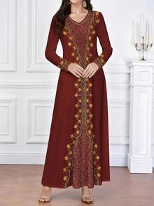 SHEIN Najma 女士复古花卉几何印花V领长袖优雅阿拉伯风格长款连衣裙，春季 - 彩色 - 查看 3