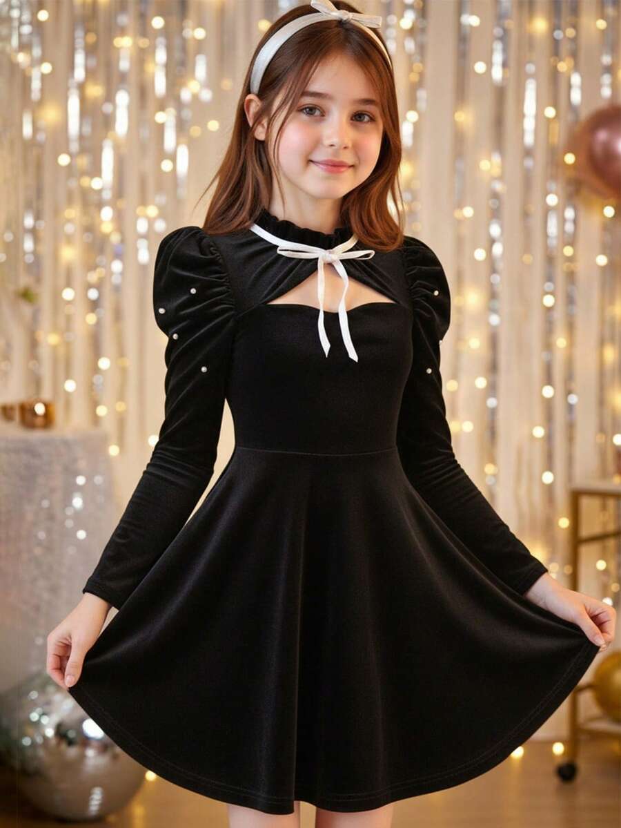 Pitira 少女纯色丝绒蝴蝶结珍珠串珠优雅连衣裙 - 黑色 - 查看 1