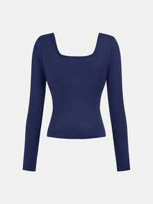 Girlism Bộ 2 áo thun cổ cao tay dài, ôm eo, nhún bèo, màu đen và xanh navy dành cho nữ tuổi teen, kiểu dáng đơn giản, dễ mặc, phù hợp cho cả đi học và năm. - Màu xanh hải quân - Xem 4