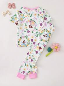 2件套可爱公主风女童碎花印花休闲舒适贴身睡衣套装，短袖上衣和长裤，家居服 - 彩色 - 查看 2