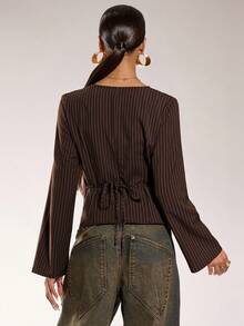 Normani Women's V-Neck Striped Metal Decor Ruched Asymmetric Hem Fashionable Versatile Commuter Bell Sleeve Blouse - Brown - View 2