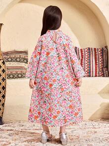 SHEIN Young Girl Floral Print Patchwork Simple Long Sleeve Casual Arabian Dress Spring/Summer Ramadan Style Matching Family Vacation - Multicolor - View 5