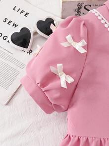 Girls' Sweet Bowknot Decor Puff Sleeve Button Front Dress,Pink And White,Summer,Cute,Flower Girl Princess Style Soft & Flowy Fabric For Summer Outings - Pink - View 6