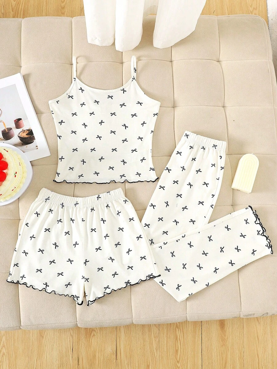 SHEIN 3件套少女休闲针织家居服套装 - 可爱印花吊带背心、长裤和短裤 - 白色 - 查看 1