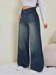 SHEIN Tall Quần jeans ống rộng cạp gập đơn giản cho nữ - Rửa tối - Xem 6