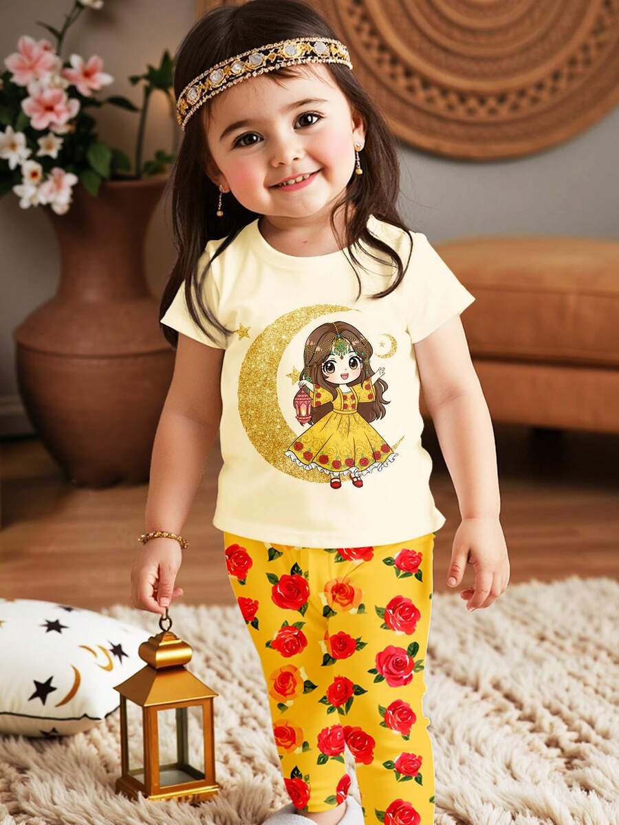 SHEIN Baby Girl Summer Loungewear Cute Cartoon Girl Print Pattern Burgundy Rose Star Moon Design White Floral Snug Fit Family Matching Vacation Loungewear - Multicolor - View 1