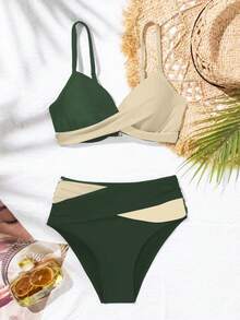 SHEIN Swim Bộ đồ bơi nữ đi nghỉ mát, phối màu, kiểu ghép mảnh - Nhiều màu - Xem 4