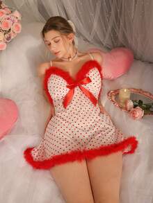 DelicateAllure 大码时尚性感爱心印花蓬松蝴蝶结装饰吊带睡裙 - 紅色 - 查看 5