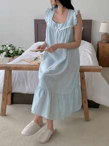 DAZY Ditsy Floral Ruffle Hem Midi Nightgown For Women - Blue - View 8