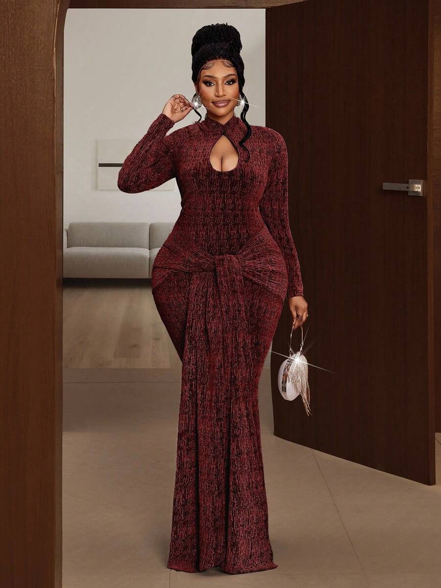 Maweii Plus Size Long Sleeve Hollow Out Sexy Fall/Winter Dress - Multicolor - View 1