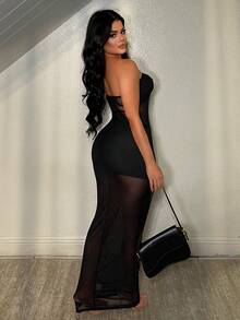 SHEIN SXY 纯色无肩带无袖性感网纱透视连衣裙 - 黑色 - 查看 2