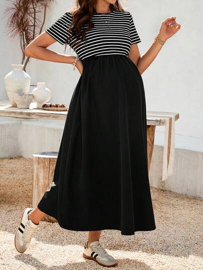 SHEIN 夏季女装休闲连衣裙，孕妇圆领条纹拼接褶皱休闲日常短袖连衣裙，孕妇休闲长裙，孕妇连衣裙，女士条纹连衣裙，黑色中长连衣裙，女士条纹连衣裙，长裙，休闲长裙，黑色长裙，女士长裙，女士条纹上衣连衣裙