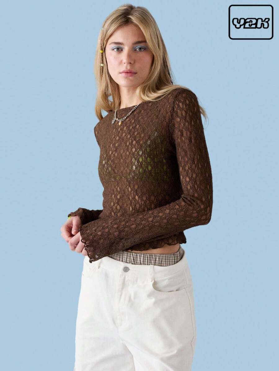 COUREZ Long Sleeve Slash Neck Going Out Lace Top Y2K Vintage - Brown - View 1