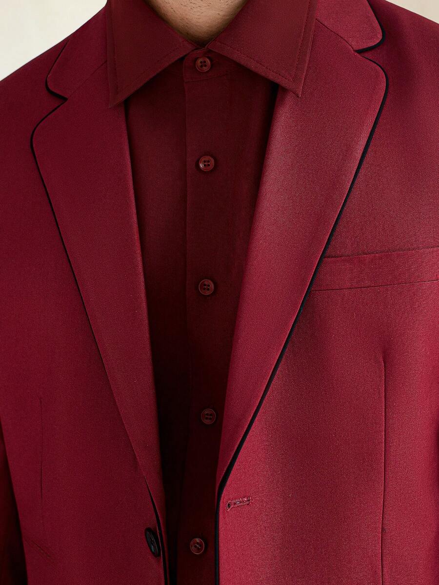 Manfinity Bizformal Men's Solid Color Notched Collar Single-Breasted Front Closure Long Sleeve Jacket And Pockets Long Pants Casual Business Suit Set - Red - View 1