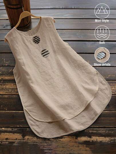 Linhara Plus Size Women Casual Round Neck Comfortable Natural Linen Rustic Minimalist Button Decor Tank Top