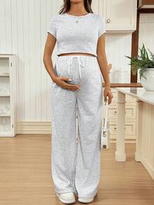 SHEIN 2件套孕妇纯色圆领短袖T恤和抽绳腰裤休闲套装 - 灰色 - 查看 5