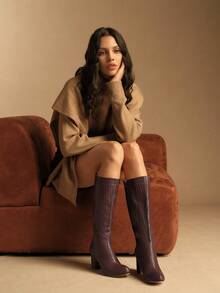 Rosivie Women's Fashion Versatile Commute Chunky High Heel Knee-High Boots Valentine's Day - Brown - View 2