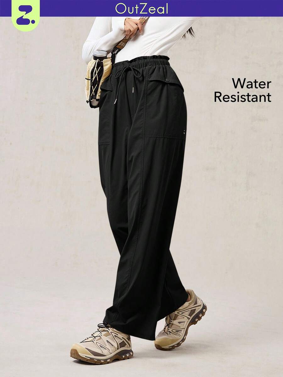 OutZeal 女士户外裤 黑色 日常休闲 防水 阔腿 弹性荷叶边腰带 带口袋 - 黑色 - 查看 1