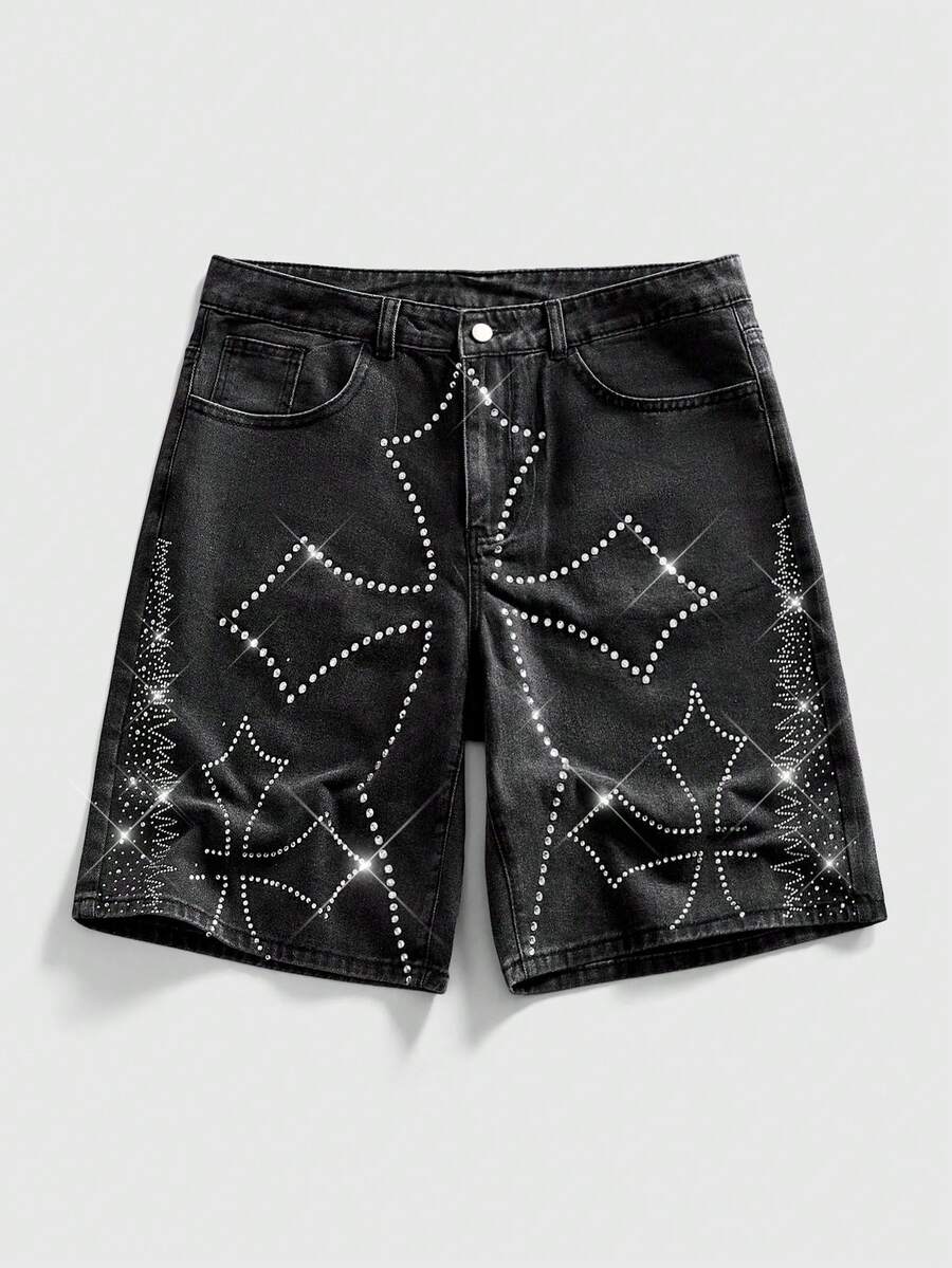 ROMWE MEN Pantalones cortos vaqueros casuales de verano para hombres con cruz de rhinestone - Negro - Ver 1