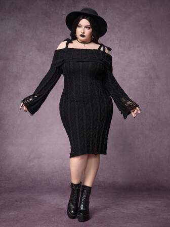 Goth 1pc Plus Size Women Shoulder Ripped Design Shoulder Strap Bodycon Dress/Winter