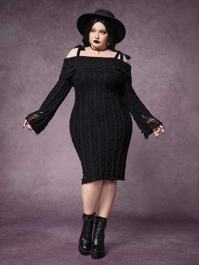 Goth فستان ضيق الجسم مع تصميم ممزق على الكتف لحجم كبير للنساء قطعة واحدة