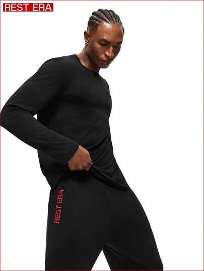 Rest Era Men's Solid Color Crew Neck Long Sleeve T-Shirt And Pants Casual Pajama Set