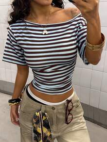 StreetHx Women's Fashion Casual Striped Asymmetrical Shoulder T-Shirt - Multicolor - View 4