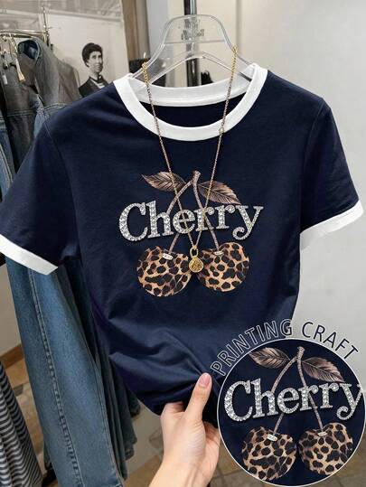 Glimmora 女士撞色滚边字母樱桃印花短袖圆领T恤