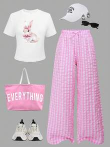 SHEIN ChillGRL Teen Girl White Minimalist Cute Bow Decor Round Neck Short Sleeve Cherry Print Top And Cargo Pants Set - White - View 4