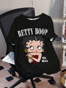 Betty Boop x SHEIN 大码女式休闲日常通勤时尚街头卡通人物字母印花宽松T恤，夏季 - 白色 - 查看 1