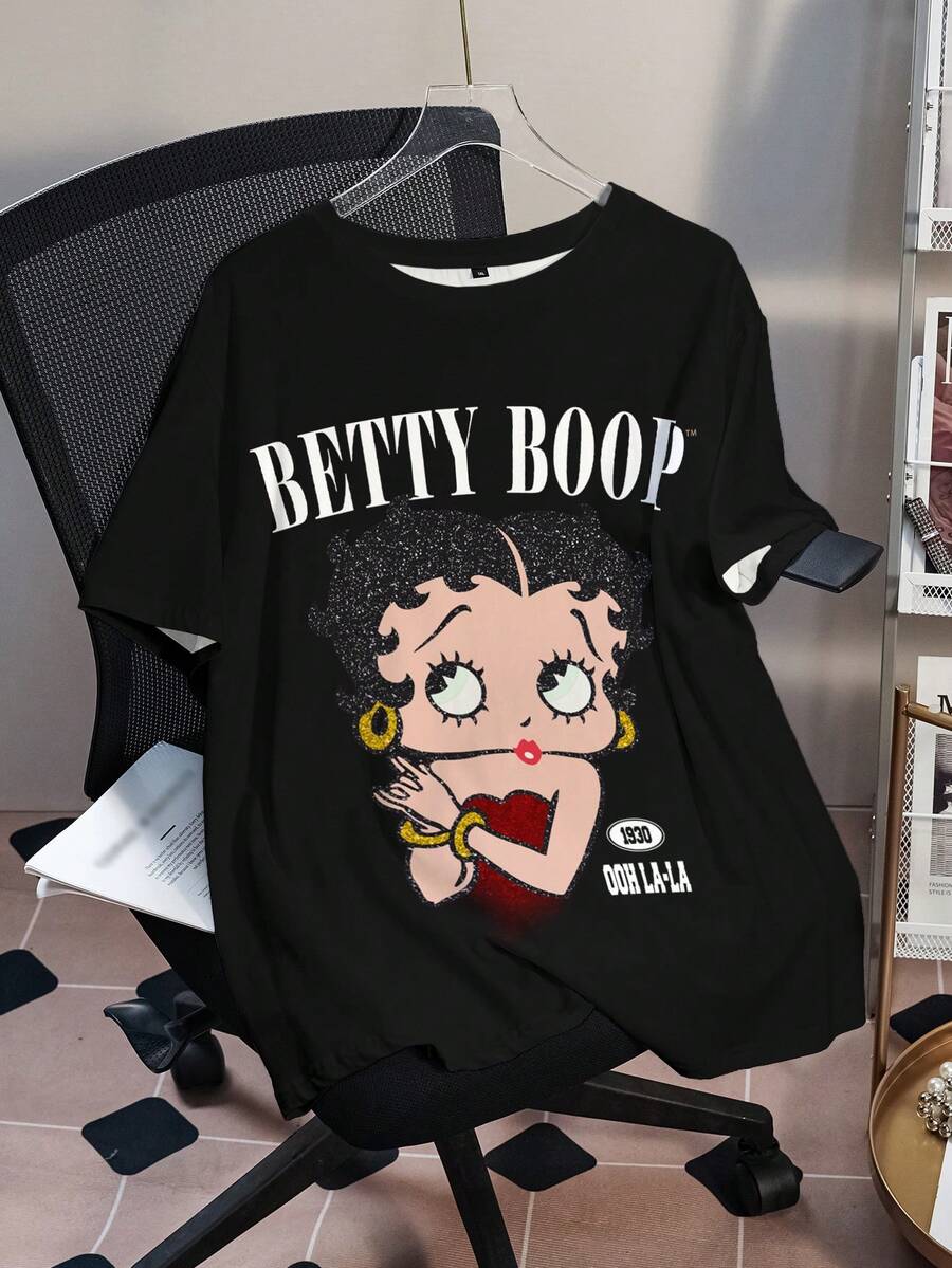 Betty Boop x SHEIN 大码女式休闲日常通勤时尚街头卡通人物字母印花宽松T恤，夏季 - 白色 - 查看 1