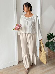 Lounesse 2件套加大码女士休闲度假衬衫和裤子套装 - 杏色 - 查看 6