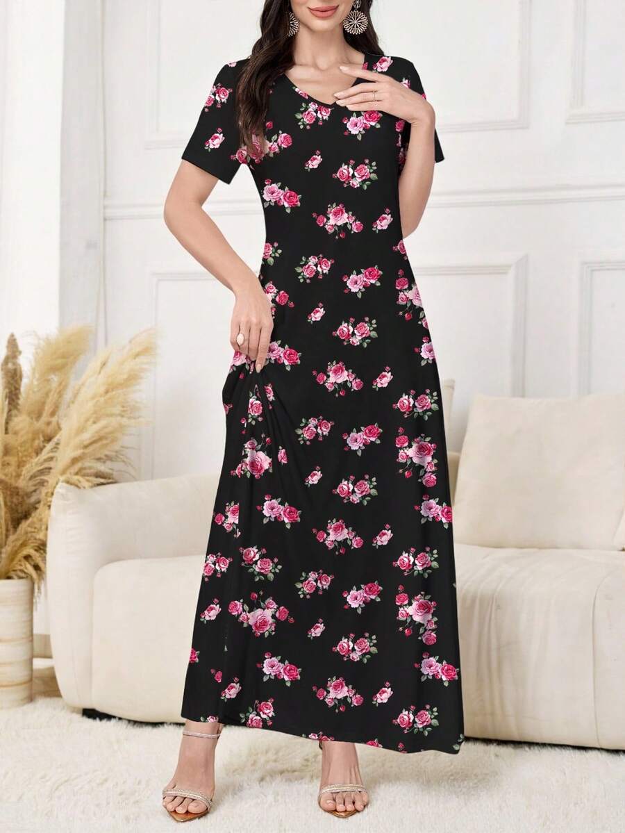 Al Najma 女士优雅V领短袖印花针织连衣裙，可单穿或作吊带裙穿着，适合约会、度假、日常休闲、派对、节日等场合。女士秋冬长裙，飘逸长款连衣裙，印花长裙/复古连衣裙，植物印花连衣裙，黑色连衣裙。 - 黑色 - 查看 1