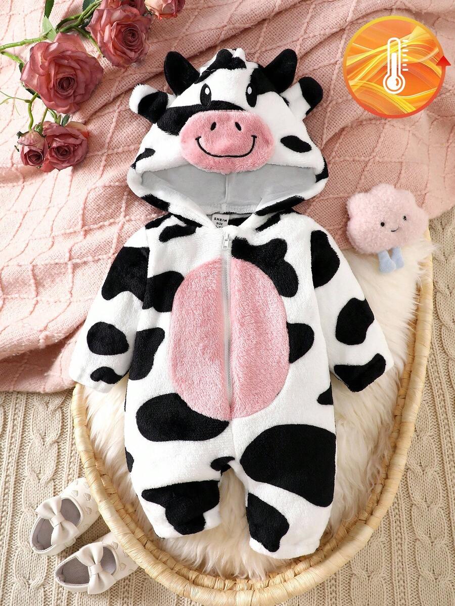 SHEIN Playful Pals 女嬰奶牛設計帽裝毛茸茸連身服