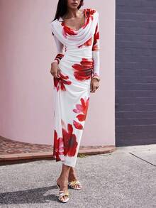Opulessa Vestido ajustado con cuello en V profundo, estampado y de malla de punto para vacaciones - Blanco - Ver 8