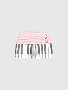 ROMWE Kawaii Quần short nữ màu xám họa tiết nốt đàn piano, dễ thương, màu hồng, gợi cảm, cổ khoét sâu. - Hồng - Xem 1