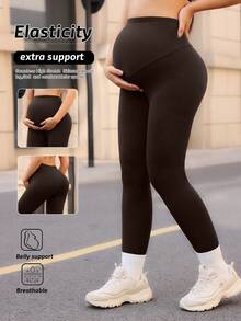 SHEIN Yoga Basic 孕妇纯色休闲百搭日常打底裤 - 棕色 - 查看 1