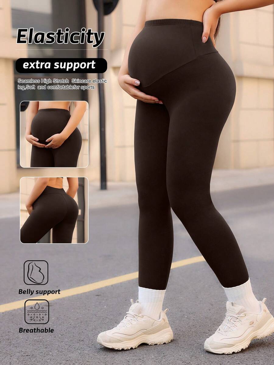 SHEIN Yoga Basic 孕妇纯色休闲百搭日常打底裤 - 棕色 - 查看 1