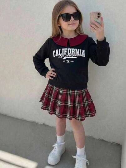 Playful Pals 2pcs Young Girls Collared Shirt Collar T-Shirt + Red Plaid Skirt Casual Suit, Vintage English Letter Print Pullover T-Shirt With Plaid Pleated Skirt, Suitable For Spring, Autumn And Winter Outings