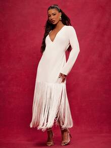 NYA SZN 长袖V领露肩流苏宽松白色连衣裙，适合节日、圣诞节、新年夜、复活节、情人节、冬季、春季、夏季活动、派对等场合，奢华长款女装 - 米色 - 查看 3