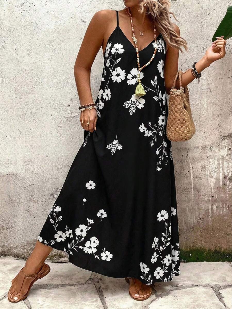 Breezaya 大码女式深V领无袖印花休闲通勤优雅时尚百搭复古沙滩度假夏季新款宽松长裙 - 彩色 - 查看 1